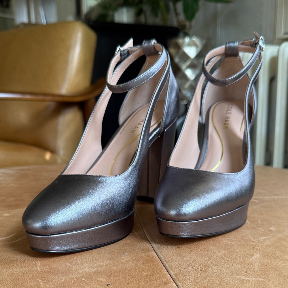 Cole Haan Metallic Pewter Platform Ankle-Strap Pumps